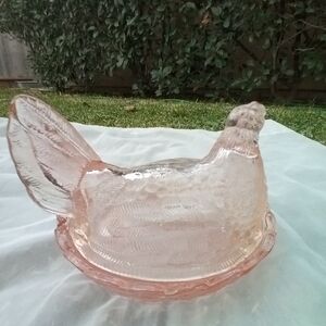 VINTAGE RARE FELTON SLAG GLASS HEN ON NEST 5" PEACH COLOR COLLECTABLE GLASSWARE